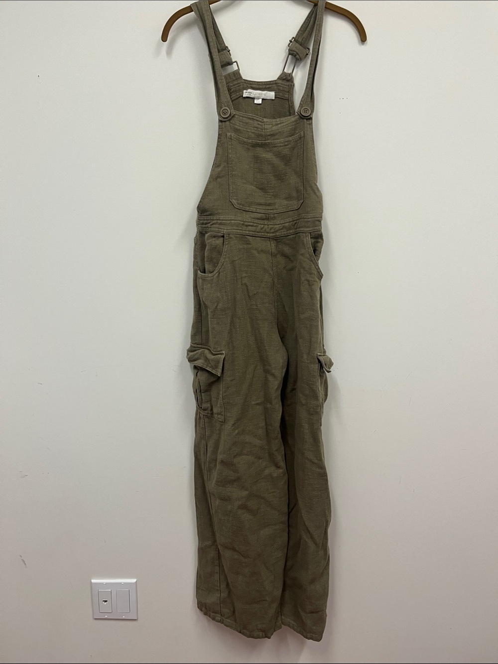 Flat White Olive Green linen blend  Cargo Overalls size S